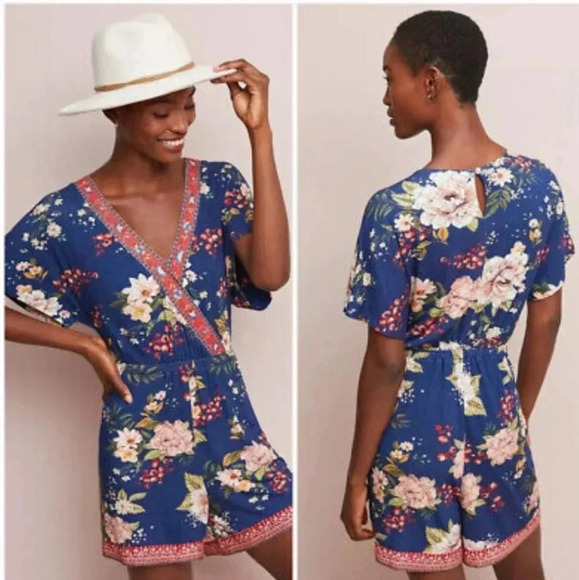 Farm Rio Estelle Floral Shorts Romper from Anthropologie - Navy Blue - Medium - Picture 1 of 8